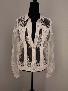 Ethyl Clothing White Denim and Sheer Floral Embroidered Lace Jacket